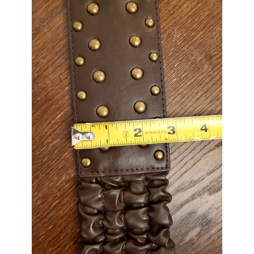 Womens L/XL Chocolate Ruched Elastic Cinch Wide Belt Brass Hook Art Deco Studded - Picture 6 of 14